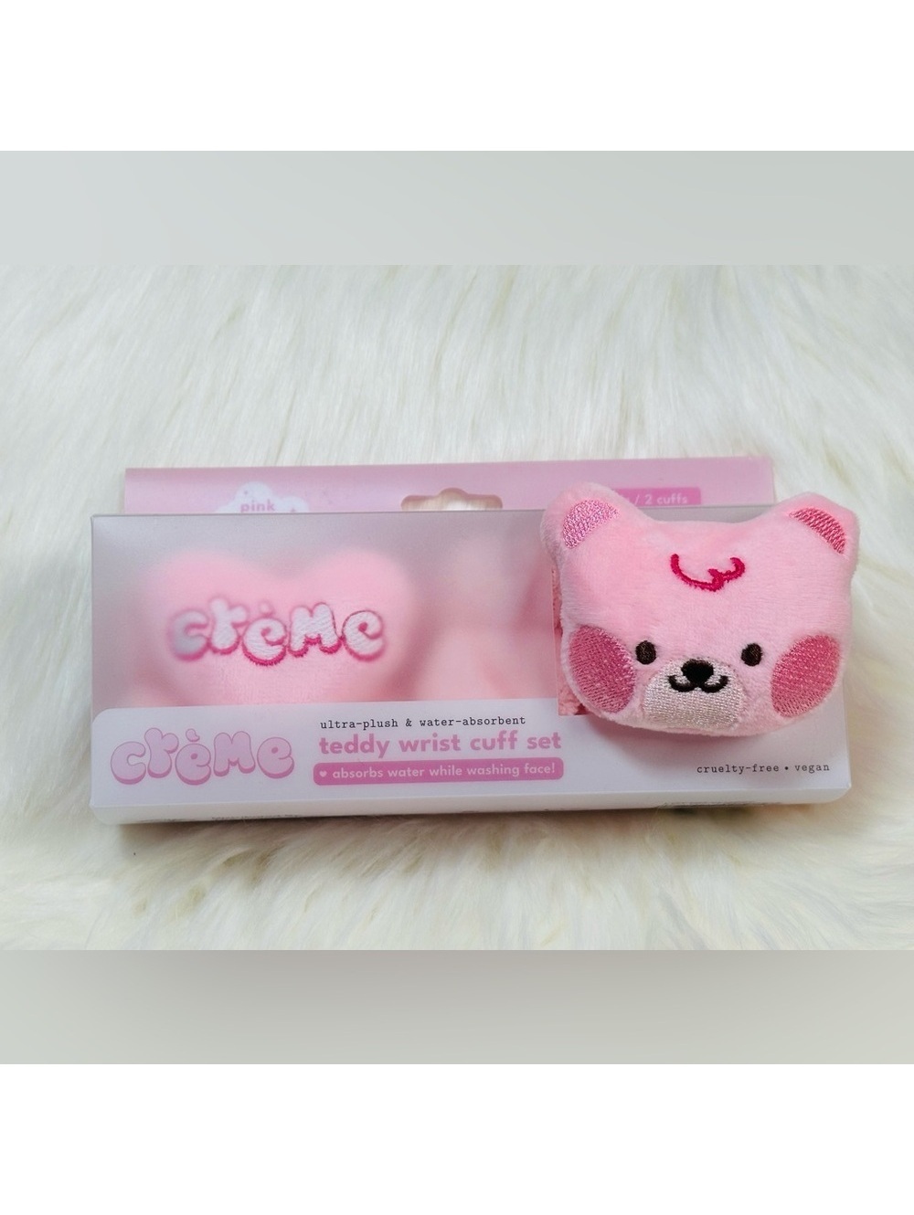 Crème Pink Teddy Skincare Wrist Cuff Set Plush Bear Face Beauty Spa Set